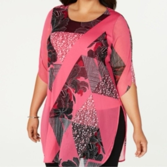 ALFANI 3/4 Sleeve Pink Black Semi-sheer Lined Tunic Blouse Floral Chiffon Top 3X - Picture 12 of 12
